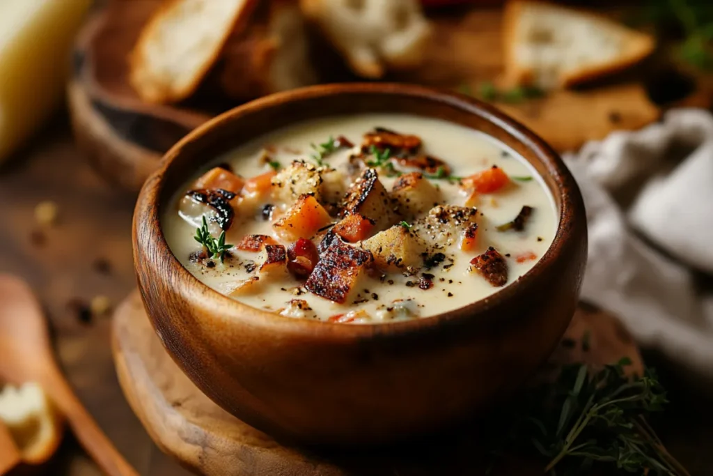 "A creamy seafood bisque garnished with fresh herbs, showcasing its smooth texture and rich color."