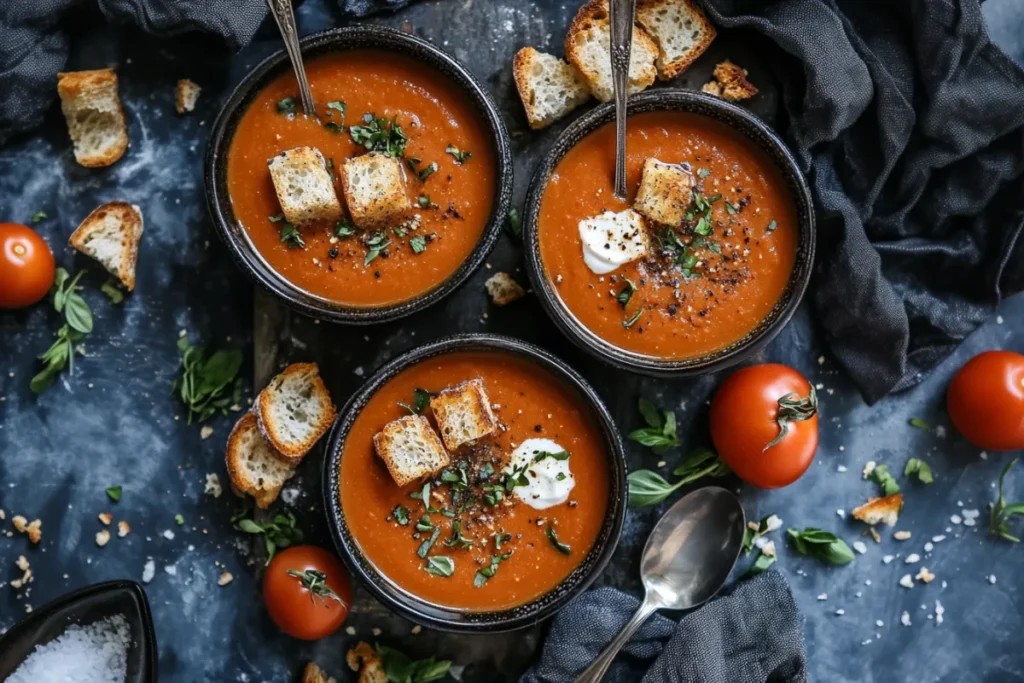 “Creamy tomato bisque soup served with fresh basil garnish.”