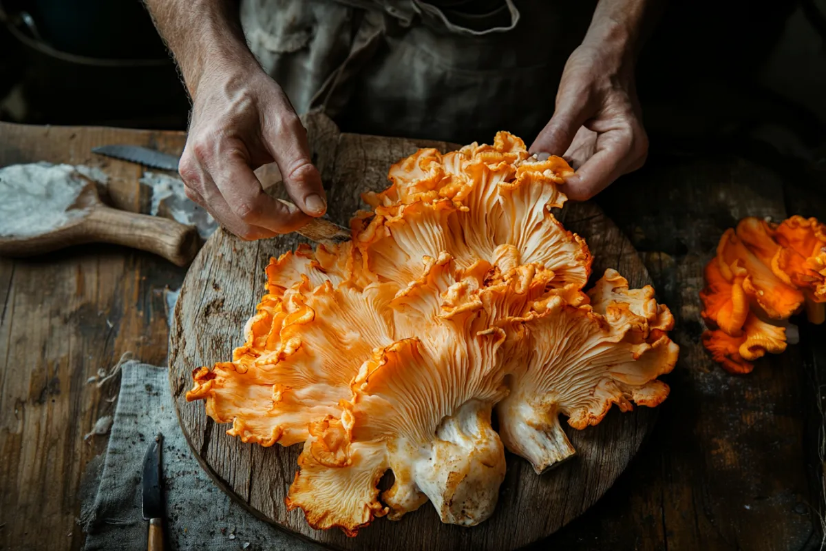 Chicken of the Woods Mushroom growing on a tree Sliced Chicken of the Woods ready for cooking Foraging for Chicken of the Woods Prepping Chicken of the Woods for a recipe