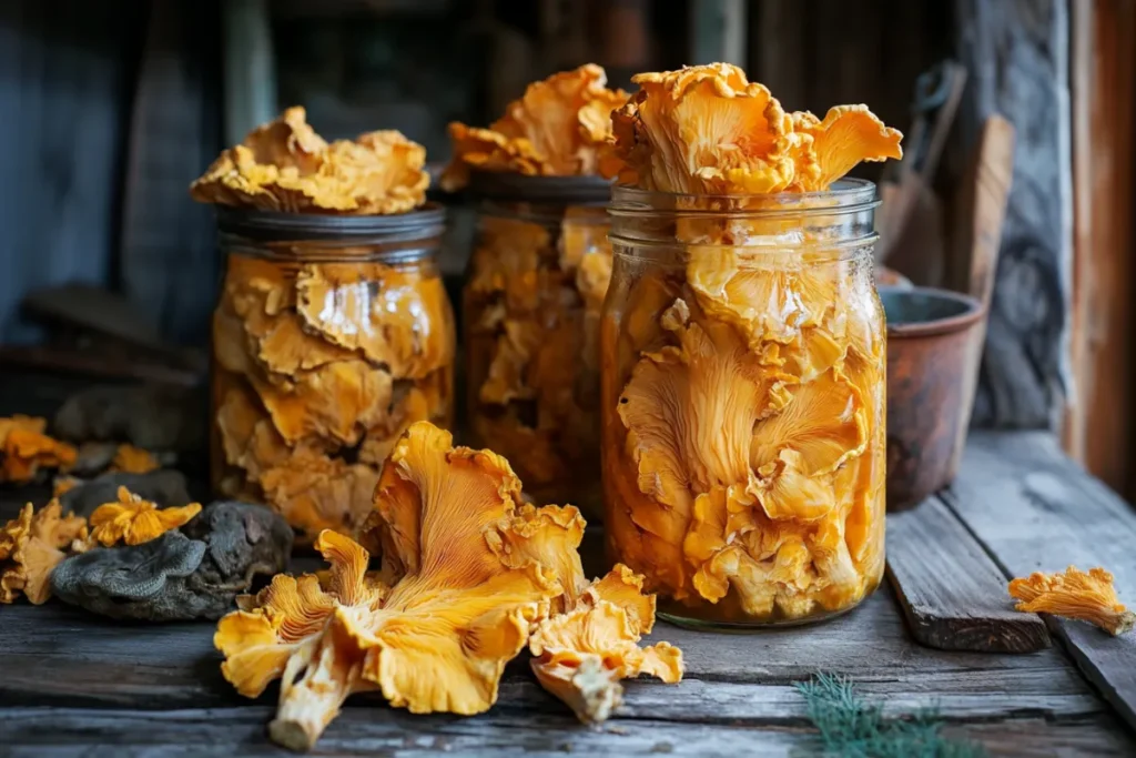 Image of Chicken of the Woods being preserved. Fresh Chicken of the Woods mushrooms. Steps to preserve Chicken of the Woods mushrooms by drying. Freezing Chicken of the Woods mushrooms for long-term storage. Pickling Chicken of the Woods mushrooms in vinegar brine.