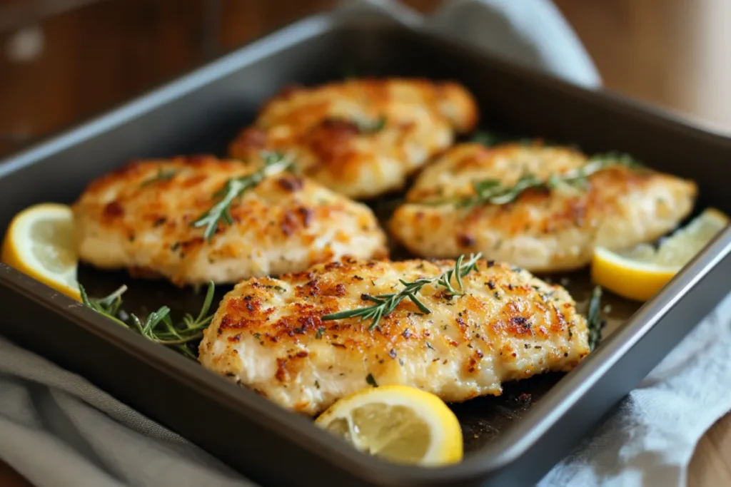 "Crispy baked chicken cutlets fresh out of the oven" "Ingredients for baked chicken cutlets with panko breadcrumbs" "Step-by-step preparation of baked chicken cutlets" "Serving ideas for baked chicken cutlets with roasted vegetables" "Gluten-free and keto-friendly baked chicken cutlets"