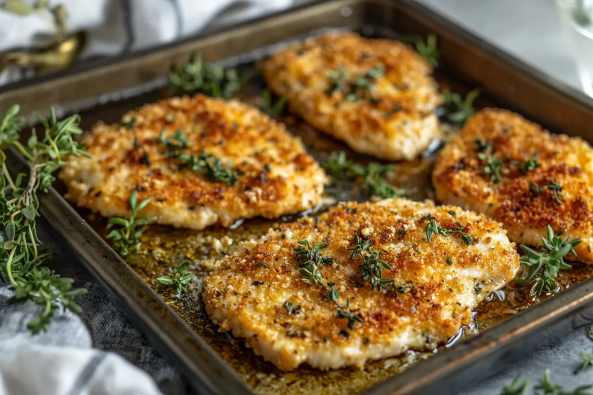 Image 1: "Pounding chicken cutlets to even thickness to keep them moist" Image 2: "Marinating chicken cutlets for extra moisture and flavor" Image 3: "Cooking chicken cutlets in a skillet with oil to keep them juicy" Image 4: "Baked chicken cutlets covered in foil to retain moisture"