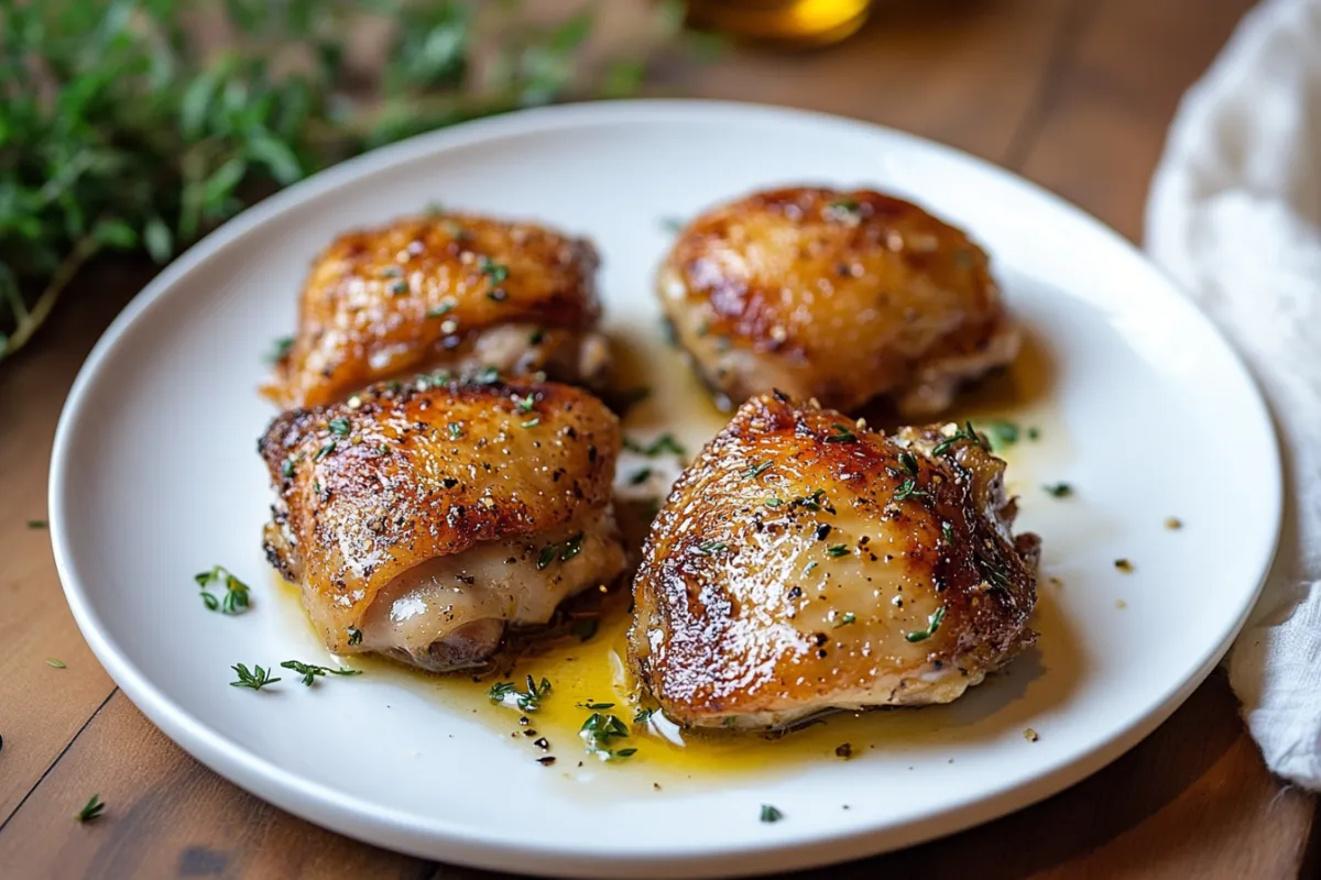 Chicken Thighs Cooking Process "Chicken thighs cooking slowly in a skillet to enhance tenderness." Braising Chicken Thighs "Chicken thighs braising with vegetables and broth for maximum tenderness." Bone-In vs. Boneless Chicken Thighs "Comparison of bone-in and boneless chicken thighs on a wooden board." Collagen Breakdown in Chicken Thighs "Close-up of cooked chicken thighs showing the breakdown of collagen into gelatin." Slow Cooker Chicken Thighs Preparation "Chicken thighs, vegetables, and broth in a slow cooker for tender cooking." Oven-Baked Chicken Thighs "Chicken thighs covered in marinade and baking in an oven-safe dish." Grilled Chicken Thighs "Chicken thighs grilling over a medium flame to balance tenderness and crispiness." Marinating Chicken Thighs "Chicken thighs marinating in a bowl with lemon juice and spices to enhance tenderness." Temperature Check for Chicken Thighs "Using a meat thermometer to check the internal temperature of chicken thighs." Resting Chicken Thighs After Cooking "Cooked chicken thighs resting on a board to allow juices to redistribute evenly." These alt texts are designed to be descriptive