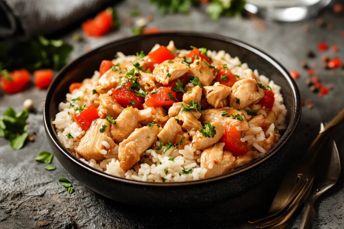 Alt: "Steps for thickening chicken and rice using a roux" Alt: "Creamy chicken and rice casserole with cheese topping" Alt: "Using cornstarch to fix watery chicken and rice soup"