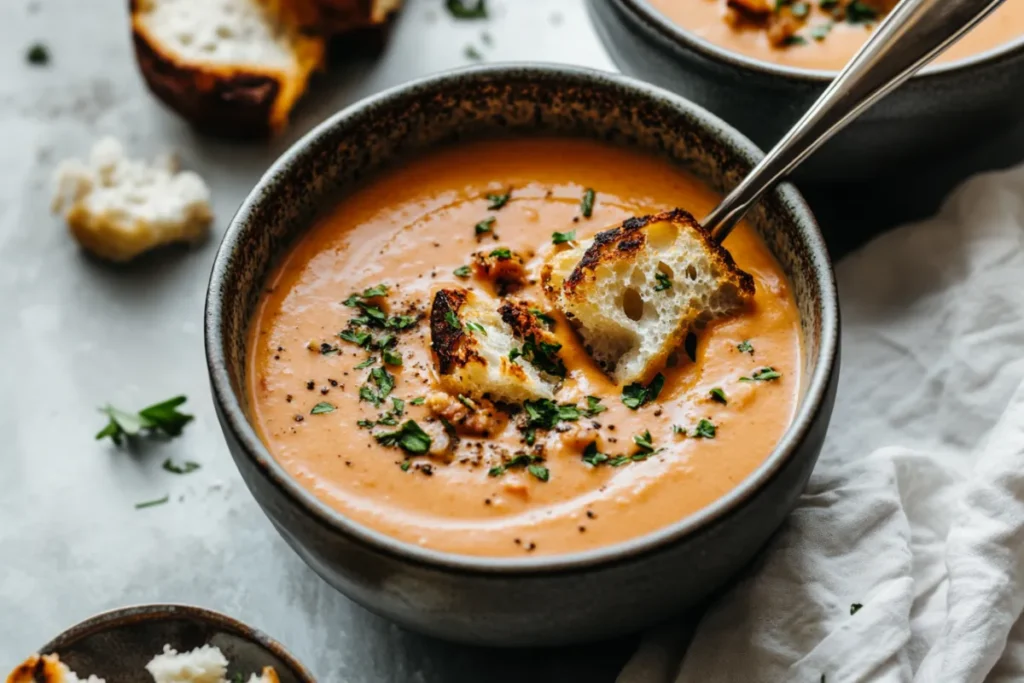 Tomato Bisque with a Creamy Texture - "A bowl of thickened tomato bisque with a rich, creamy texture, garnished with fresh herbs."