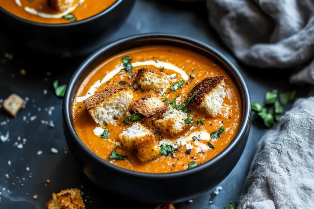 Alt Text: "Homemade tomato bisque served in a bowl" Alt Text: "Airtight container used for storing tomato bisque" Alt Text: "Portioning tomato bisque for freezing"