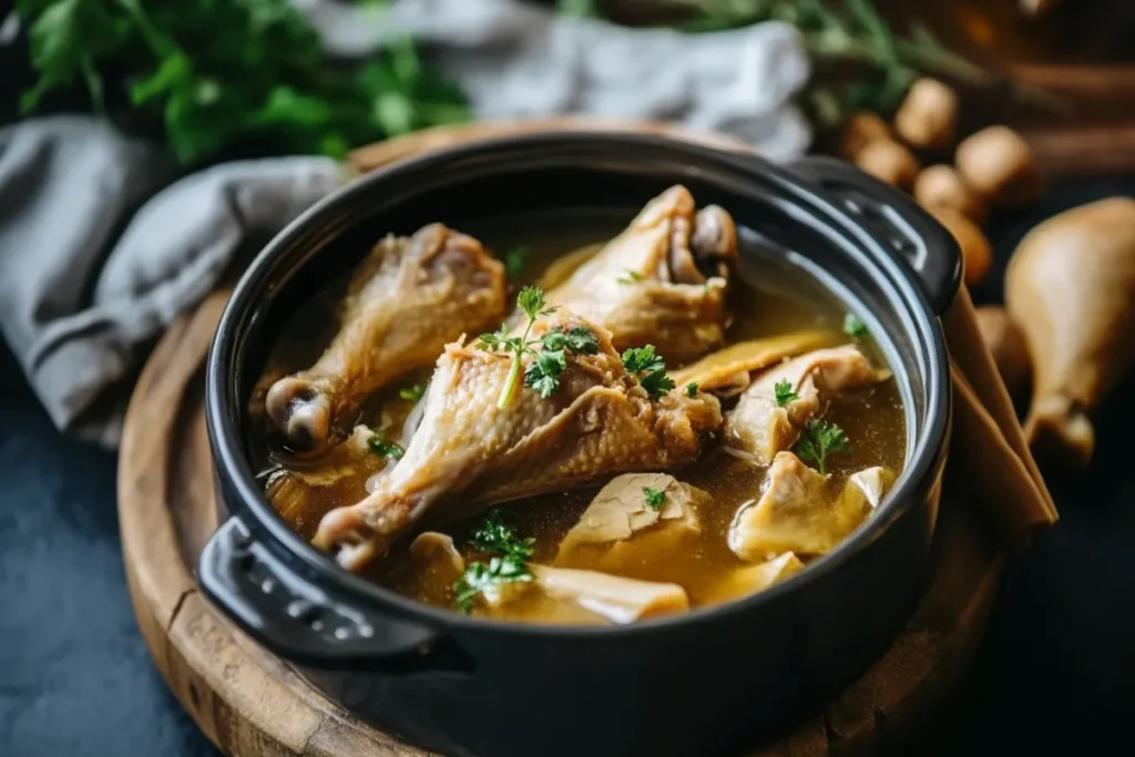 Raw chicken feet on a wooden cutting board, ideal for making collagen-rich bone broth.