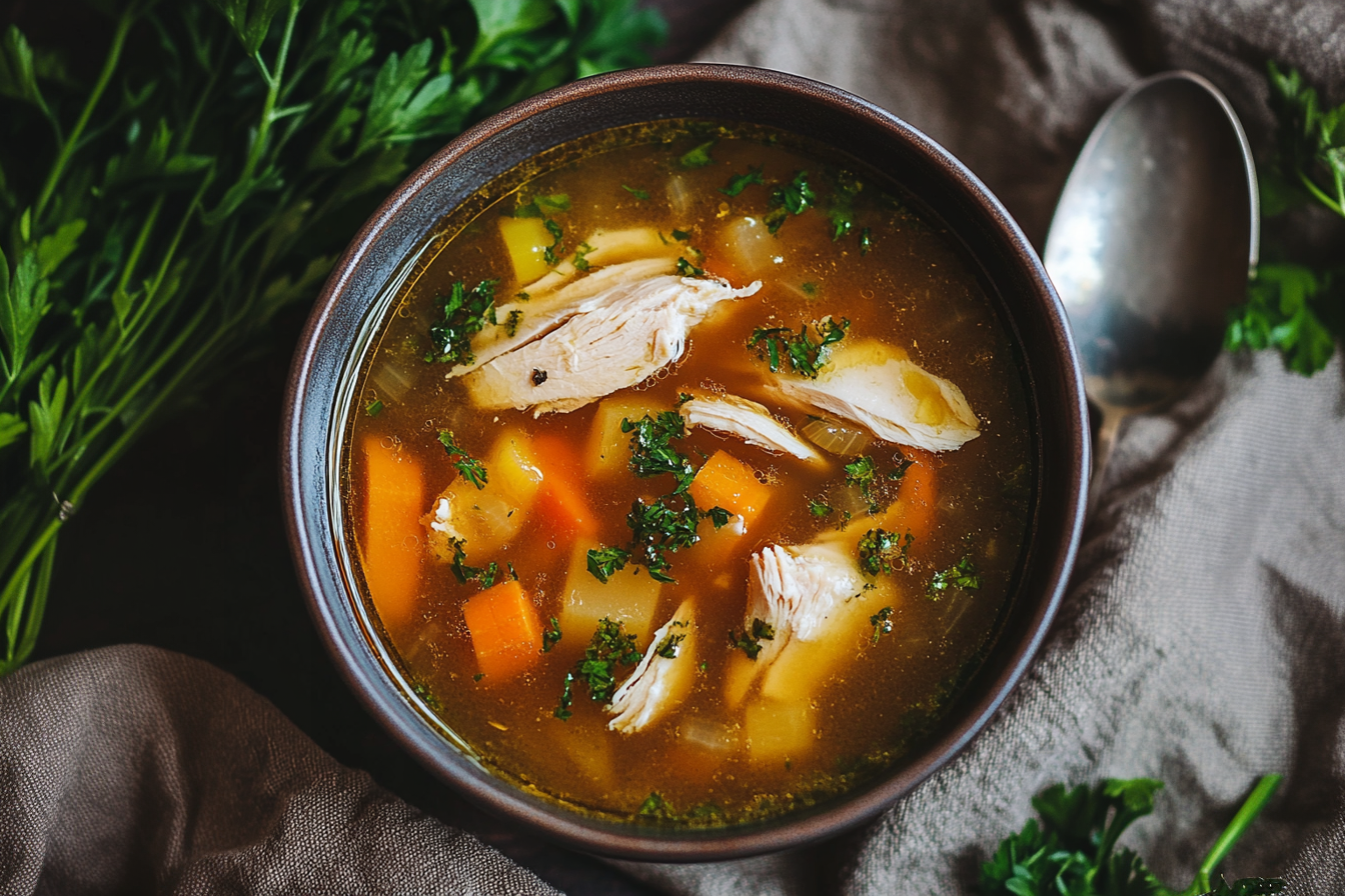 "Homemade chicken bone broth simmering in a large pot with vegetables and herbs"