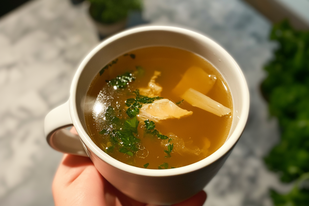 Image 1 (Bones in a pot): "Bones in a pot for making bone broth" Image 2 (Vegetables for bone broth): "Carrots, celery, and onions for bone broth" Image 3 (Clear bone broth in a jar): "Clear bone broth ready to drink"