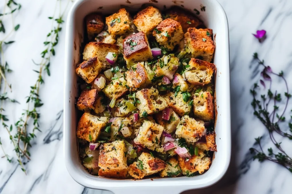 Traditional stuffing served with roast turkey" "Crispy cornbread dressing baked in a casserole dish" "Savory fillings for ravioli and baked pastries" "Thanksgiving stuffing with sausage and herbs"