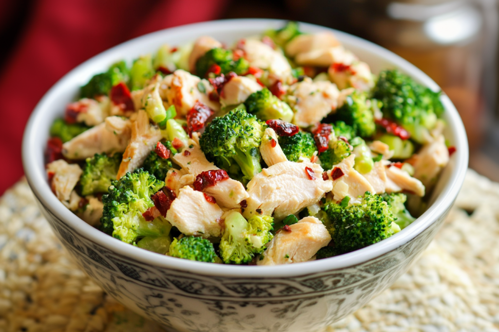 Broccoli Salad with Bacon and Raisins: "A bowl of broccoli salad topped with crispy bacon, shredded cheese, raisins, and sunflower seeds, served on a wooden table."