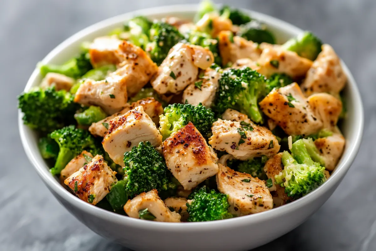 Fresh broccoli florets in a bowl. A serving of Chicken Salad Chick broccoli salad with dressing. Broccoli salad paired with grilled chicken and soup. Ingredients for a healthier broccoli salad recipe