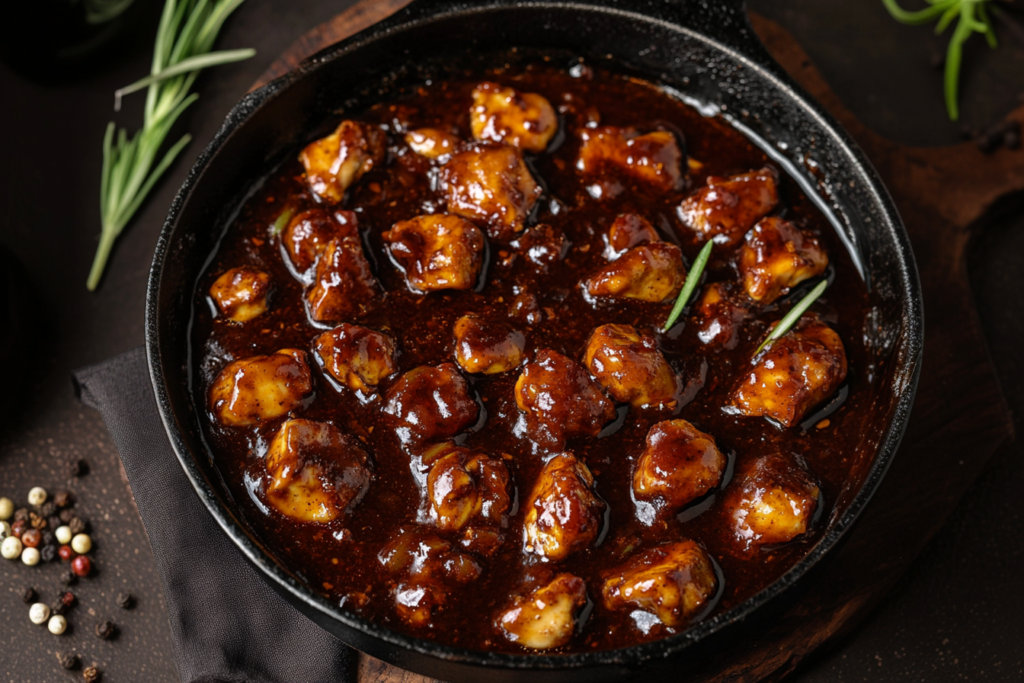 "Close-up of bourbon chicken sauce in a bowl."