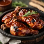 Juicy BBQ chicken with perfectly sticky sauce glazed on a grill. Close-up of grilled chicken with caramelized BBQ sauce. Oven-baked chicken thighs coated with thick BBQ sauce. Smoked chicken wings with a sticky BBQ glaze on a platter. BBQ chicken drumsticks with a glossy, caramelized coating.