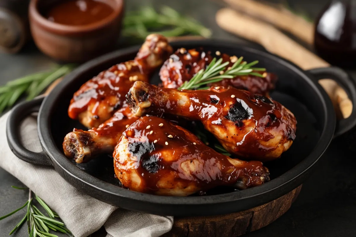 Juicy BBQ chicken with perfectly sticky sauce glazed on a grill. Close-up of grilled chicken with caramelized BBQ sauce. Oven-baked chicken thighs coated with thick BBQ sauce. Smoked chicken wings with a sticky BBQ glaze on a platter. BBQ chicken drumsticks with a glossy, caramelized coating.