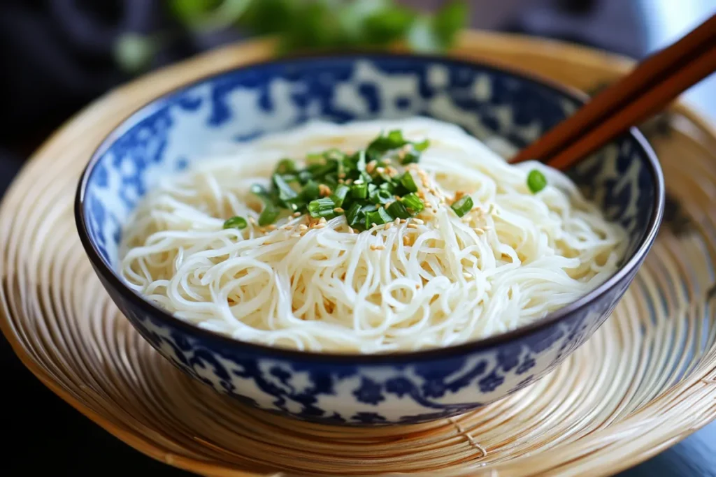 Alt tag for a soaking noodles image: "Soaking long rice noodles in a bowl of water." Alt tag for stir-fry noodles image: "Stir-fried rice noodles with vegetables and tofu." Alt tag for noodle soup image: "Bowl of noodle soup with fresh herbs and rice noodles." Alt tag for cold noodle salad image: "Cold rice noodle salad with sesame dressing."